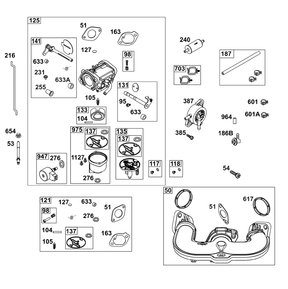 Carburetor And Fuel Supply Group Diagram and Parts List for 44U877-0012-B5 400000 - 699999 Briggs and Stratton Engine